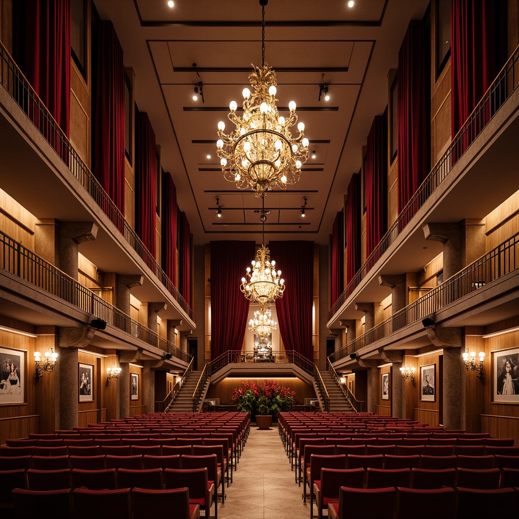 Prompt: Grand auditorium, luxurious interior, ornate chandeliers, velvet curtains, wooden paneling, acoustic soundproofing, elegant staircases, marble flooring, subtle lighting effects, warm color scheme, intimate ambiance, dramatic ceiling heights, sweeping arches, regal balconies, refined materiality, textured wall finishes, metallic accents, sophisticated furniture designs, grand entranceways, spacious foyers, high-definition LED displays, immersive audio equipment, professional lighting systems, precise sound engineering.