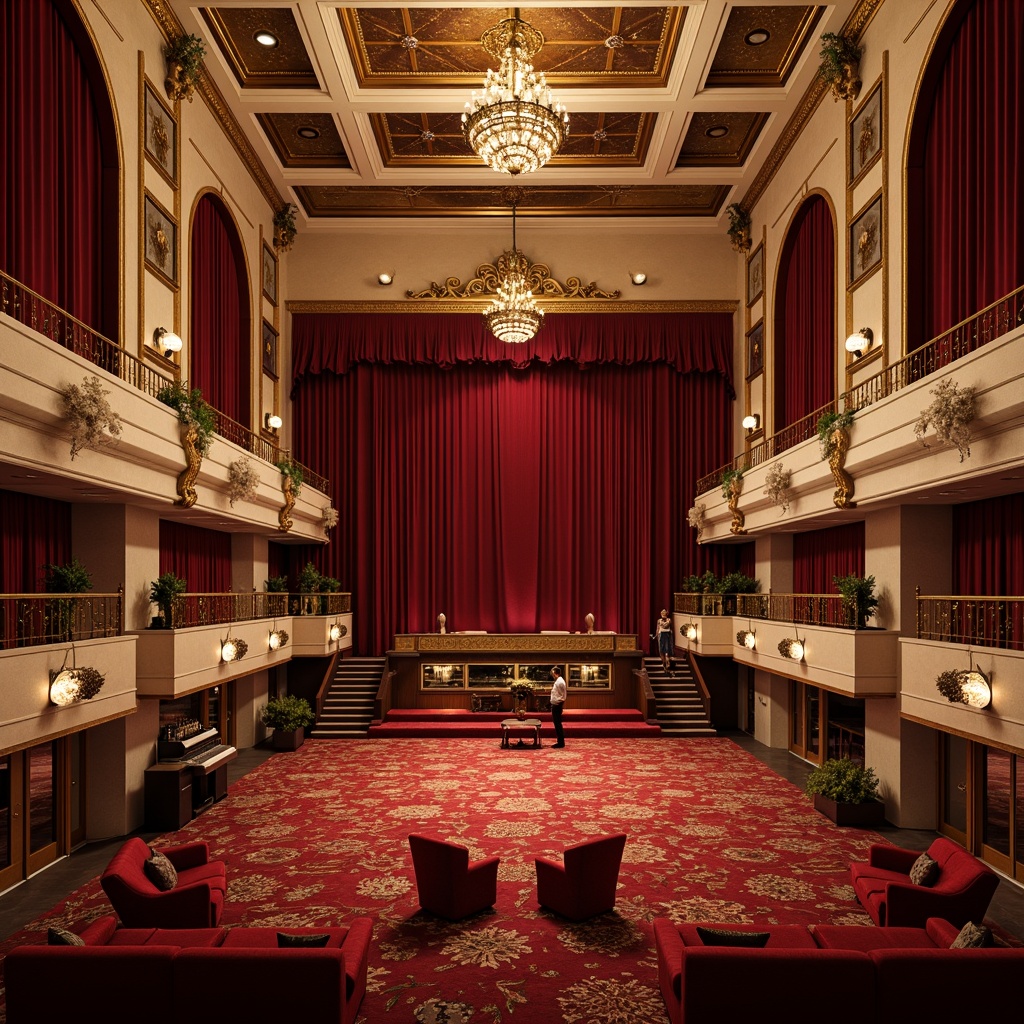 Prompt: Luxurious concert hall, rich velvet drapes, ornate golden frames, plush red carpeting, tufted armchairs, intricately patterned rugs, soft warm lighting, dimmed chandeliers, acoustic panels, sound-absorbing materials, elegant balconies, sweeping staircases, grand pianos, intimate performance spaces, cozy VIP lounges, wine bar counters, rustic wooden accents, distressed finishes, vintage music instruments, nostalgic memorabilia, warm beige walls, soft cream ceilings, dramatic crimson curtains.