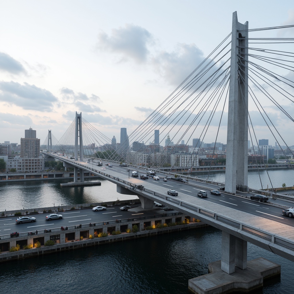 Prompt: Futuristic vehicular bridge, sleek aerodynamic lines, suspension cables, reinforced steel structures, cantilevered roadways, elevated pedestrian walkways, LED lighting systems, misty morning atmosphere, shallow depth of field, 1/1 composition, realistic metallic textures, ambient occlusion, urban cityscape, concrete piers, modern architectural design, innovative materials, sustainable energy harvesting, wind turbines, solar panels, optimized traffic flow, dynamic lane management, intelligent transportation systems.