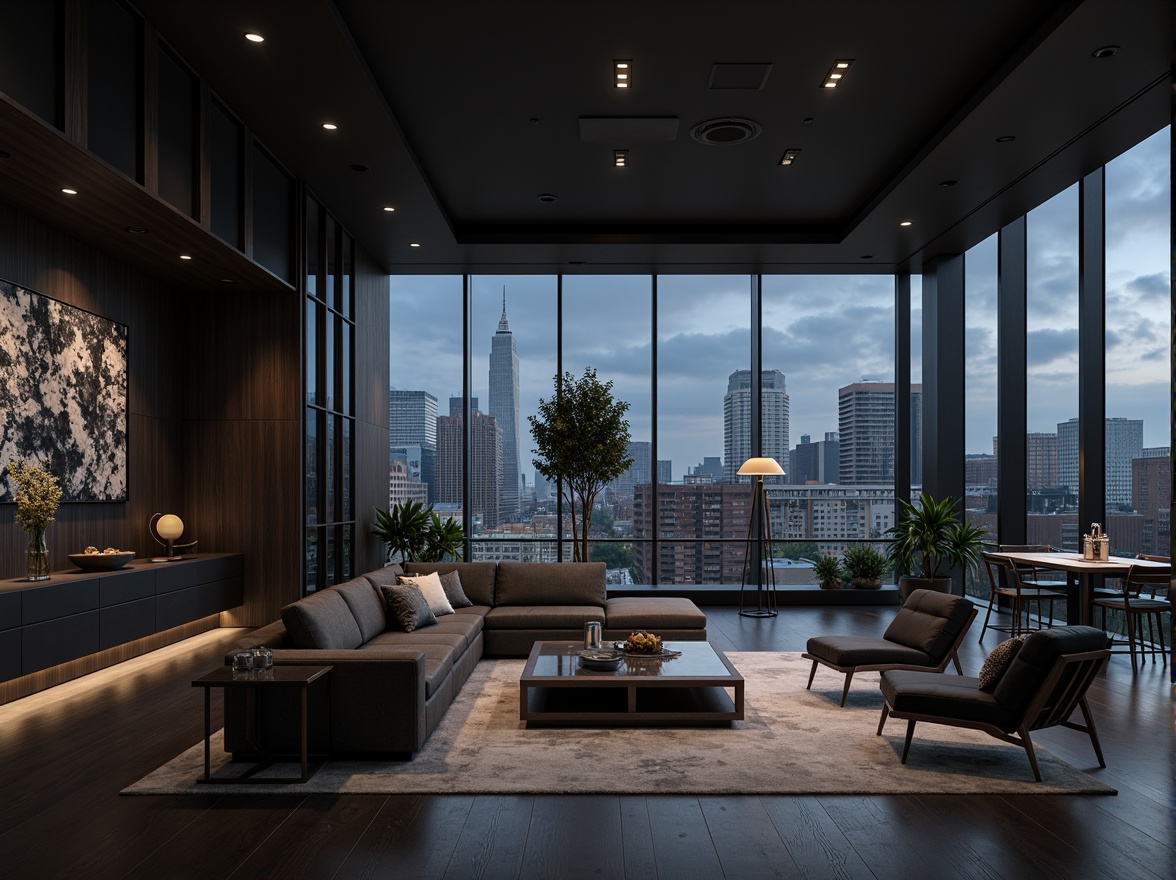 Prompt: Luxurious penthouse interior, monochromatic color scheme, dark tones, rich textures, metallic accents, sleek lines, minimalist decor, floor-to-ceiling windows, cityscape views, urban landscape, modern structuralism architecture, bold geometric shapes, contrasting materials, lavish furnishings, ambient lighting, subtle shadows, 1/1 composition, shallow depth of field, realistic reflections.