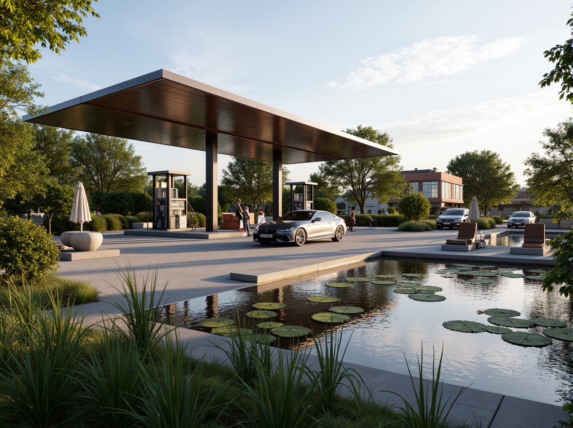 Prompt: Modern gas station, sleek metal canopies, minimalist design, reflective glass surfaces, angular lines, eco-friendly materials, innovative lighting systems, shaded outdoor spaces, misting systems, calming water features, small ponds, floating plants, gentle fountains, soft warm lighting, shallow depth of field, 3/4 composition, panoramic view, realistic textures, ambient occlusion.