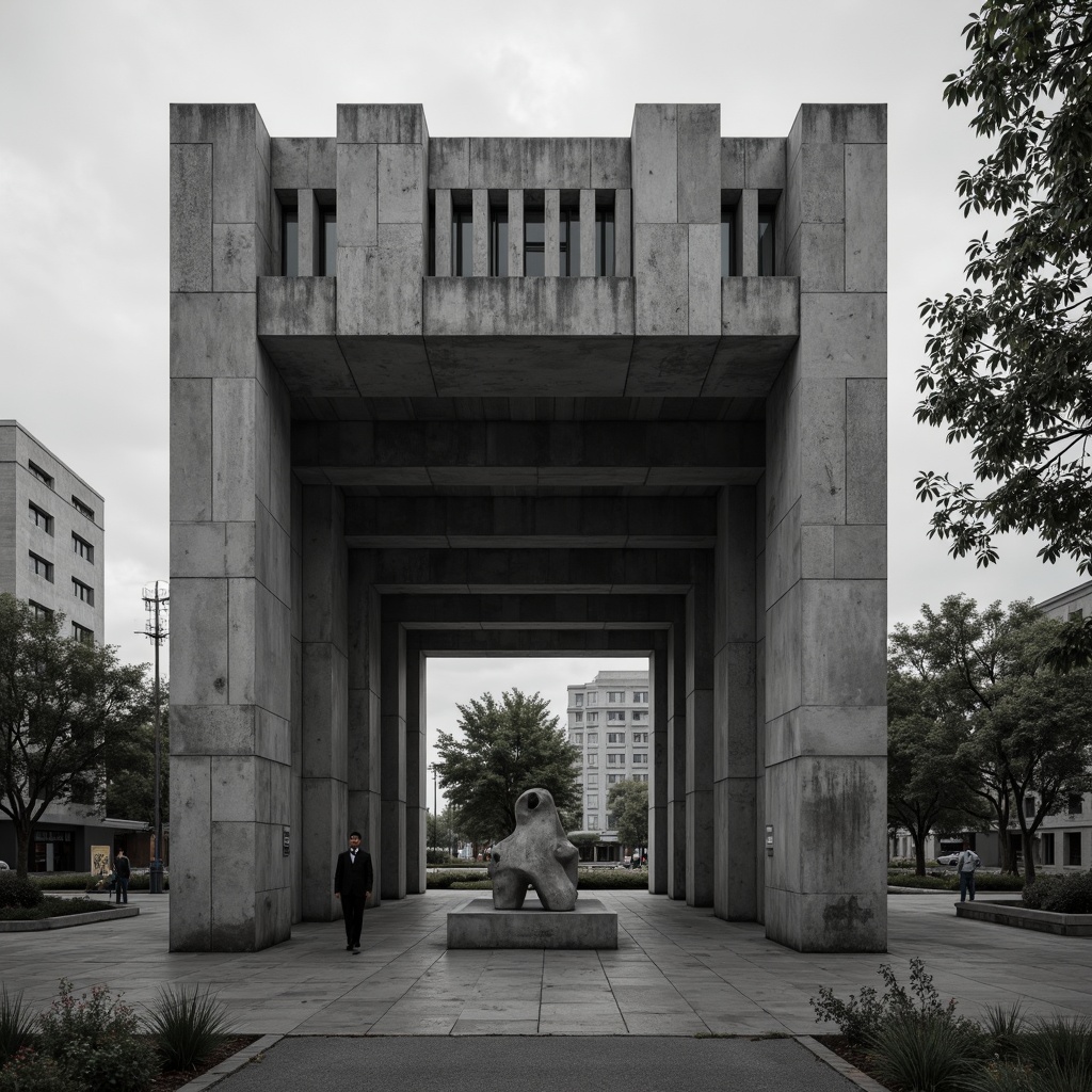 Prompt: Rugged pavilion structure, brutalist architecture, raw concrete textures, bold geometric forms, dramatic shadows, high-contrast lighting, imposing columns, minimalist ornamentation, industrial materials, urban landscape, overcast sky, moody atmosphere, strong diagonal lines, abstract sculptures, monochromatic color scheme, harsh weathering effects, 3/4 composition, low-angle shot, cinematic mood, gritty realistic textures.