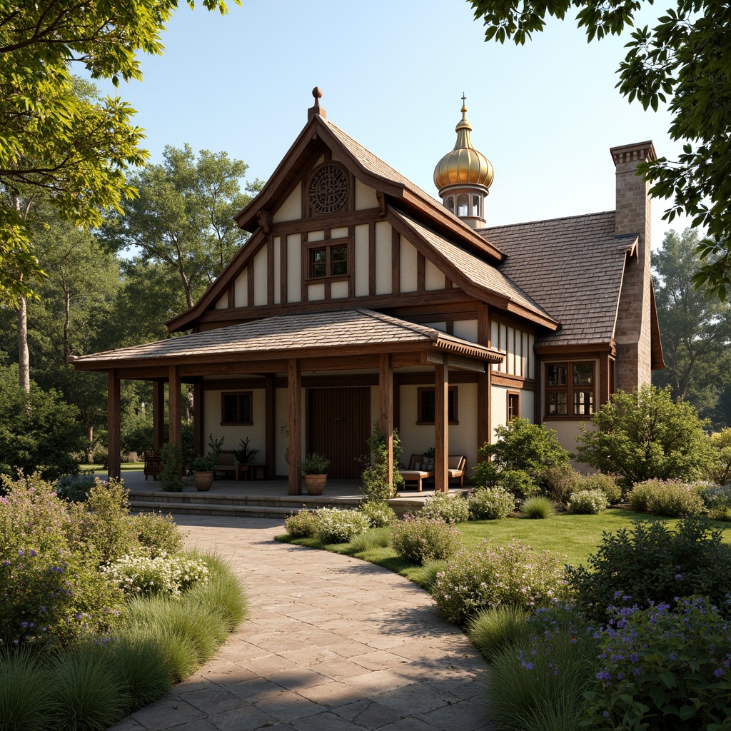 Prompt: Rustic barn, Byzantine-inspired architecture, ornate roof tiles, golden domes, intricate stone carvings, grand entrance gates, wooden accents, earthy tones, natural surroundings, lush greenery, blooming wildflowers, sunny day, soft warm lighting, shallow depth of field, 3/4 composition, panoramic view, realistic textures, ambient occlusion.