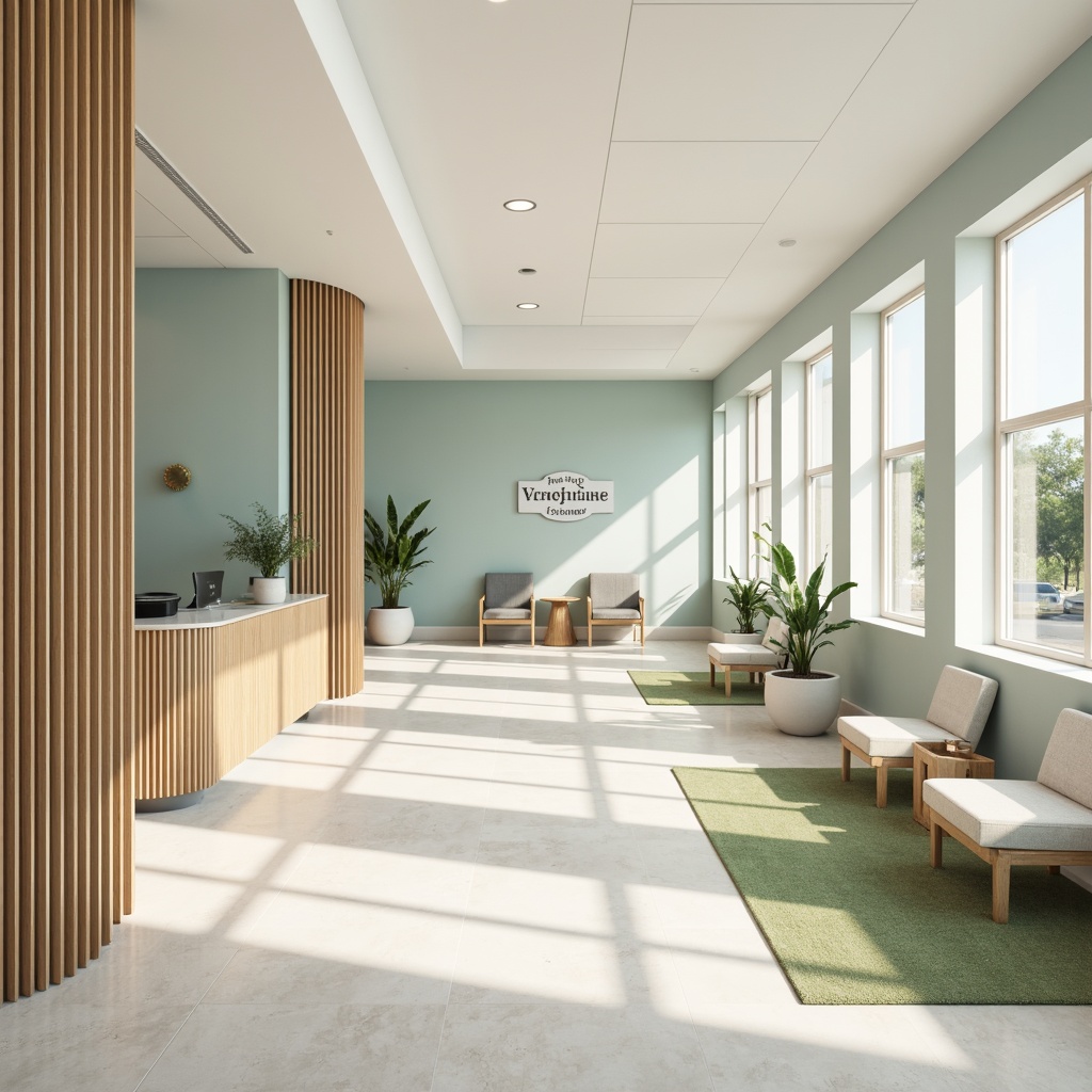 Prompt: Calming medical clinic, soothing pastel colors, creamy whites, gentle blues, muted greens, warm beige tones, natural wood accents, soft indirect lighting, minimal ornamentation, serene atmosphere, comfortable seating areas, subtle branding elements, elegant typography, clean lines, modern minimalist design, shallow depth of field, 1/1 composition, realistic textures, ambient occlusion.