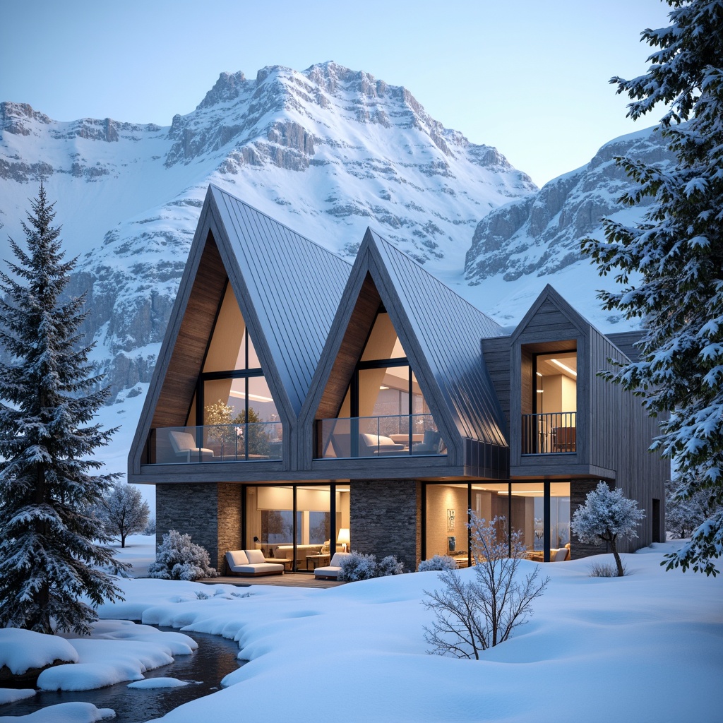 Prompt: Snow-capped mountains, frosty mornings, wooden ski chalets, modern ski center housing, sleek angular facades, metallic cladding, large windows, sliding glass doors, warm cozy interiors, rustic wood accents, stone walls, snowflake-inspired patterns, icy blue color scheme, misty atmospheric effects, shallow depth of field, 1/2 composition, realistic textures, ambient occlusion.