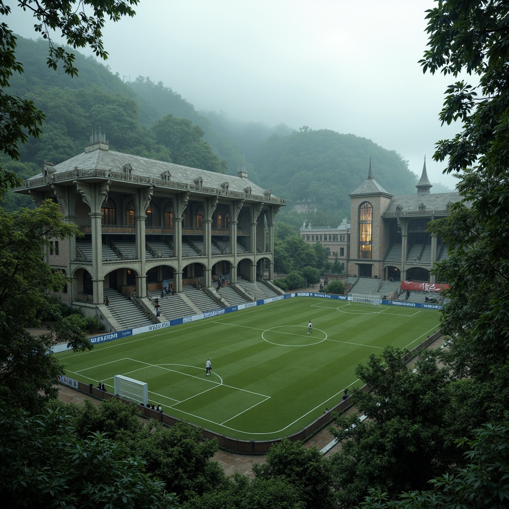 Prompt: Mystical gothic soccer stadium, medieval-inspired architecture, grand stone fa\u00e7ade, stained glass windows, intricate carvings, ornate metalwork, lush greenery, rolling hills, misty atmosphere, overcast sky, dramatic lighting, foggy effects, eerie silence, abandoned ruins, mysterious ambiance, rustic brick walls, ivy-covered towers, ancient forest surroundings, winding pathways, moss-covered stones, soft warm light, cinematic composition, shallow depth of field, 3/4 framing, atmospheric perspective.