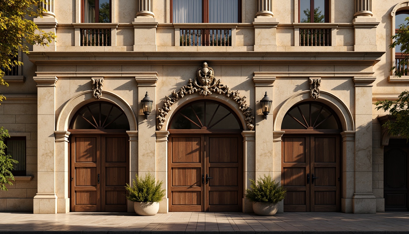 Prompt: Grandiose workshop facade, ornate classicism details, weathered stone walls, rusticated quoins, arched windows, decorative cornices, symmetrical composition, aged wooden doors, polished bronze hardware, subtle texture variations, warm golden lighting, dramatic shadows, high contrast ratio, 1/2 composition, realistic material reflections, ambient occlusion.