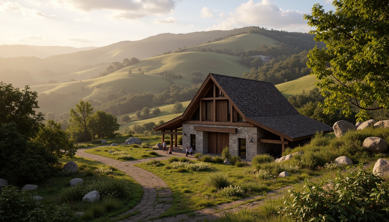 Prompt: Rustic barn, Byzantine architecture, earthy tones, stone walls, wooden accents, ornate details, lush greenery, rolling hills, serene countryside, misty morning, warm golden lighting, soft focus, shallow depth of field, 1/1 composition, symmetrical view, realistic textures, ambient occlusion, subtle color grading, natural material integration, blended landscape, organic forms, free-flowing curves.