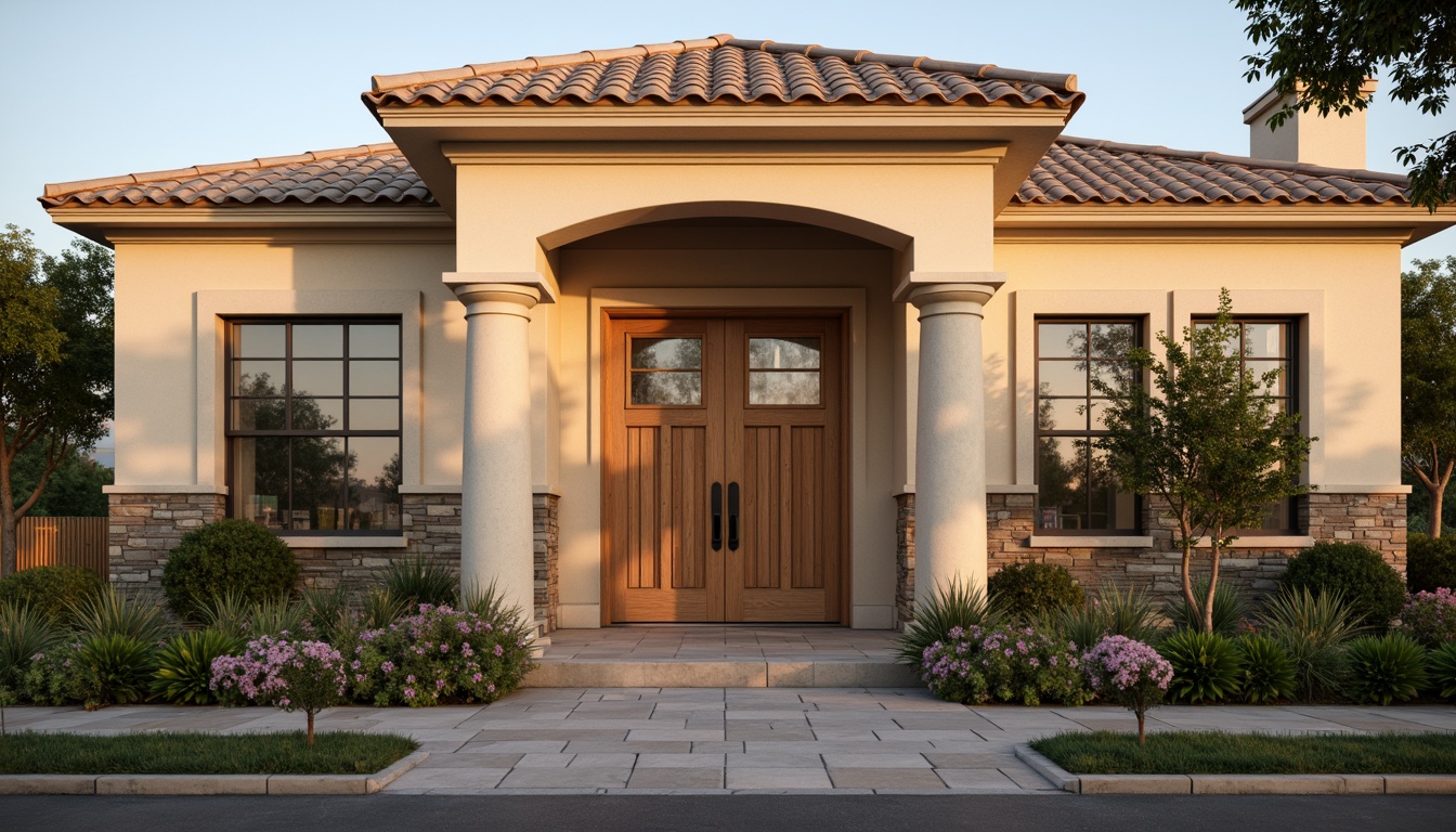 Prompt: Warm beige exterior walls, rustic stone accents, elegant cream-colored columns, ornate wooden doors, subtle earthy tones, soft golden lighting, classic symmetrical facade, balanced proportions, ornamental cornices, traditional roof tiles, lush greenery, blooming flowers, serene residential street, peaceful afternoon ambiance, soft focus, shallow depth of field, 2/3 composition.