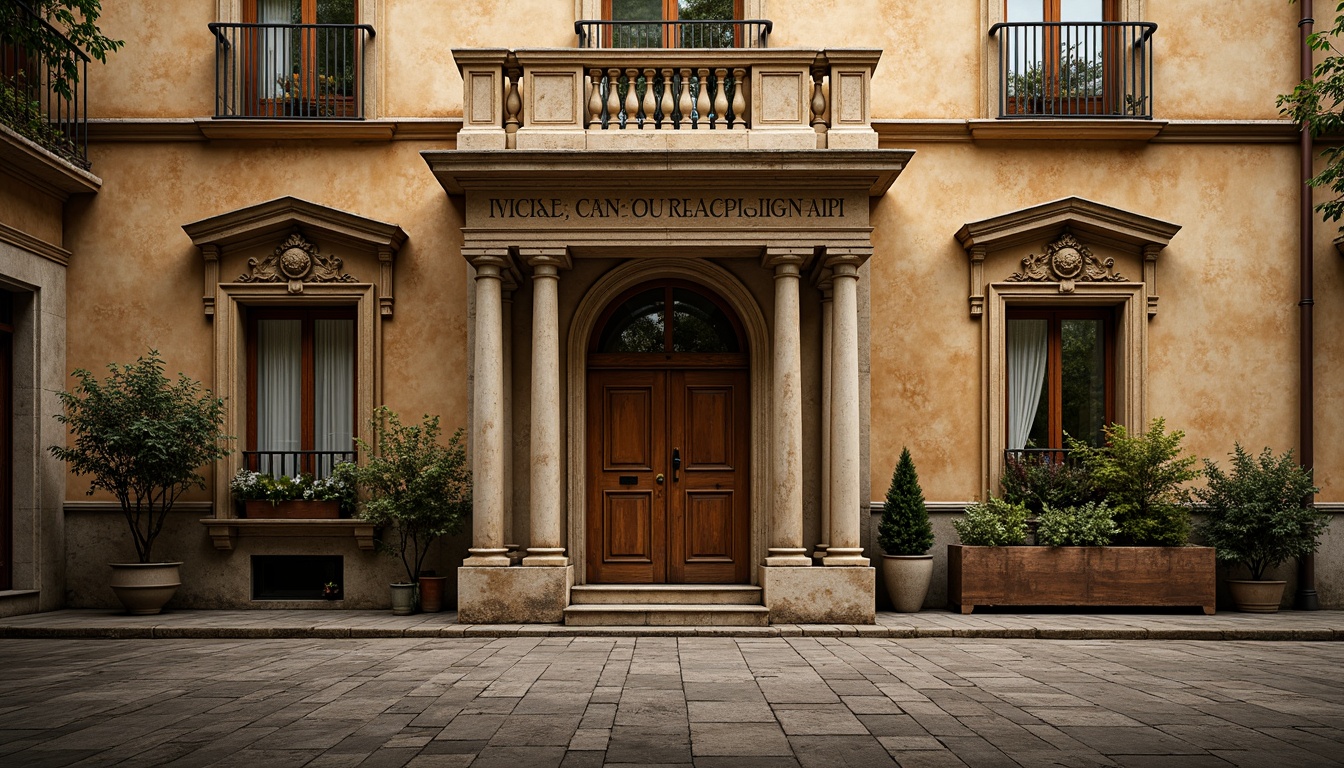 Prompt: Ornate workshop facades, classicist architectural style, symmetrical composition, grand entrance, Corinthian columns, carved stone details, ornamental pediments, rusticated base, arched windows, wooden shutters, earthy color palette, warm golden lighting, shallow depth of field, 2/3 composition, realistic textures, ambient occlusion.