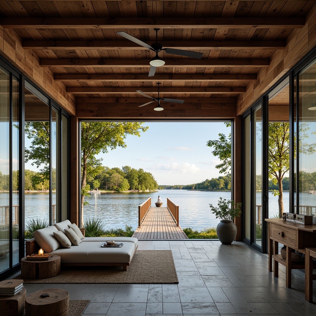 Prompt: Waterfront boathouse, rustic wooden dock, serene lake scenery, lush greenery, tranquil atmosphere, expansive open space, modern minimalist interior, large windows with panoramic views, sliding glass doors, natural stone flooring, reclaimed wood accents, nautical-themed decor, soft warm lighting, shallow depth of field, 3/4 composition, realistic textures, ambient occlusion.