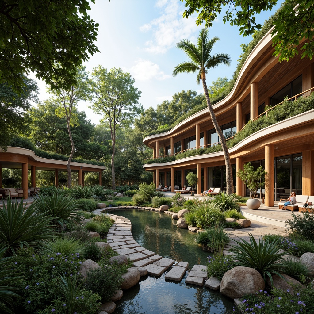 Prompt: Luxuriant tropical gardens, winding water features, natural stone pathways, lush green roofs, bamboo accents, modern hospitality architecture, curved lines, organic forms, sustainable materials, energy-efficient systems, biophilic design, floor-to-ceiling windows, sliding glass doors, soft warm lighting, shallow depth of field, 3/4 composition, panoramic view, realistic textures, ambient occlusion, exotic wood furnishings, vibrant colorful textiles, eclectic decorative patterns.