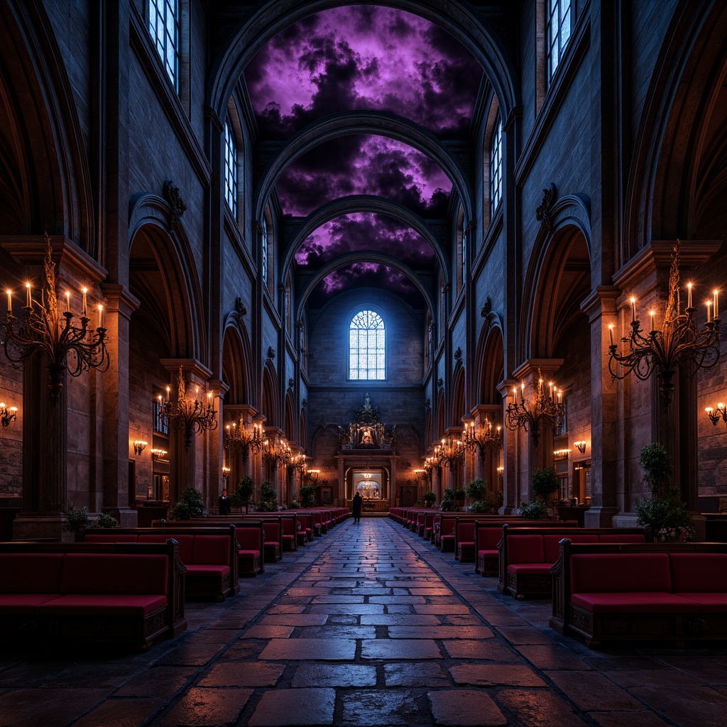 Prompt: Dark mysterious cathedral, eerie twilight atmosphere, rich velvety blacks, deep crimson reds, midnight blues, weathered stone textures, ornate gold accents, mystical purple hues, flickering candlelight, dramatic shadows, Baroque-inspired architectural details, lavish furnishings, intricate carvings, mysterious ancient artifacts.