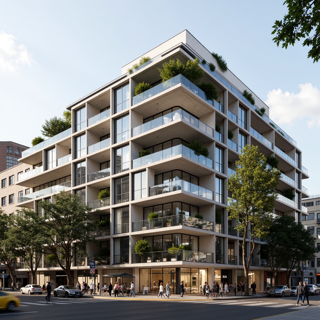 Prompt: Modern student hall, minimalist facade, clean lines, rectangular forms, large windows, glass curtain walls, steel frames, cantilevered balconies, outdoor seating areas, green roofs, living walls, urban landscape, busy street scene, morning sunlight, soft warm lighting, shallow depth of field, 1/2 composition, realistic textures, ambient occlusion.