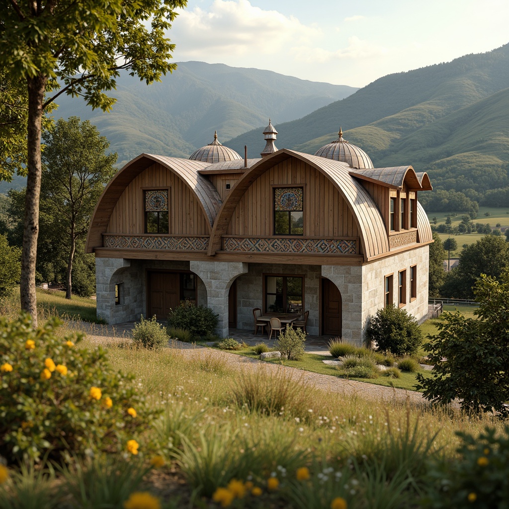 Prompt: Rustic barn, Byzantine architecture, curved rooflines, ornate domes, golden accents, intricate mosaics, natural stone walls, wooden beams, earthy tones, lush greenery, rolling hills, serene countryside, warm sunny day, soft warm lighting, shallow depth of field, 1/1 composition, realistic textures, ambient occlusion.