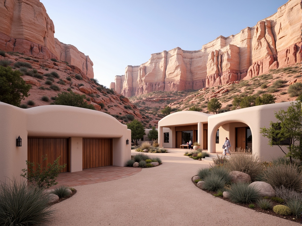 Prompt: Warm lilac hues, soft pastel tones, earthy canyon surroundings, adobe-inspired homes, rustic wooden accents, natural stone exteriors, curved lines, organic shapes, desert flora, cacti, succulents, warm beige sand, clear blue skies, dramatic rock formations, gentle morning light, soft shadows, 1/2 composition, atmospheric perspective, subtle texture details.