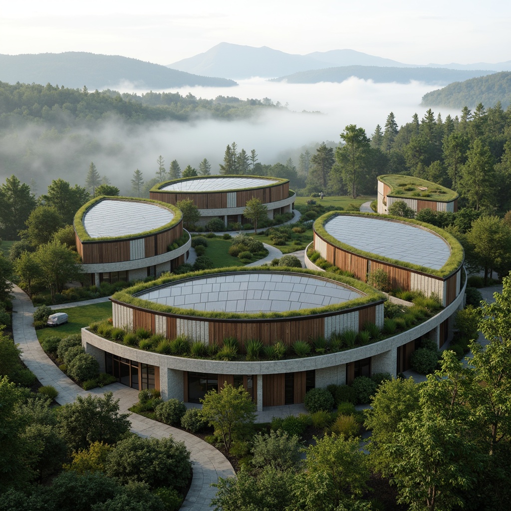 Prompt: Harmonious eco-friendly buildings, curved organic lines, lush green roofs, solar panels, natural stone walls, reclaimed wood accents, earthy color palette, serene forest surroundings, misty morning atmosphere, soft diffused lighting, subtle fog effects, 3/4 composition, panoramic view, realistic textures, ambient occlusion.