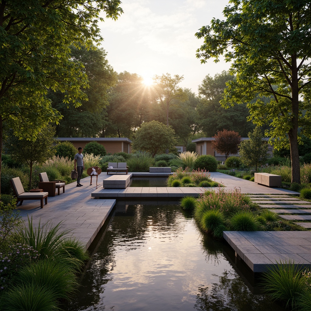 Prompt: Lush greenery, vibrant flowers, serene water features, natural stone pathways, rustic wooden benches, modern outdoor furniture, minimalist planters, sleek metal railings, ambient uplighting, warm sunset ambiance, shallow depth of field, 3/4 composition, panoramic view, realistic textures, detailed normal maps, high-dynamic-range skies, misty atmospheric effects.