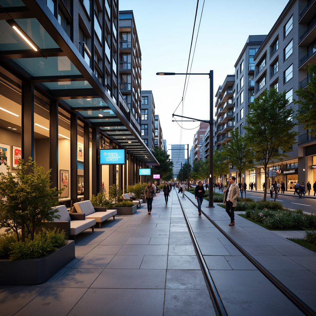 Prompt: Modern tram station, sleek metal structures, glass roofs, durable concrete floors, stainless steel handrails, LED lighting systems, digital signage, comfortable seating areas, natural stone walls, minimalist design, urban surroundings, busy streets, morning rush hour, soft warm lighting, shallow depth of field, 3/4 composition, realistic textures, ambient occlusion.