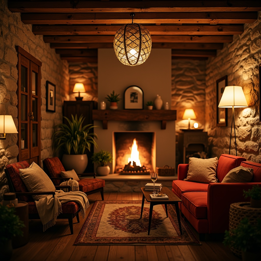 Prompt: Cozy romantic hostel, warm intimate ambiance, soft golden lighting, candles, dimmable lamps, rustic wooden decor, plush velvet furnishings, rich jewel-toned colors, textured stone walls, comfortable reading nooks, sensual scents, crackling fireplace, warm beige tones, delicate lace details, vintage metal fixtures, whimsical chandeliers, dreamy atmosphere, shallow depth of field, 1/2 composition, soft focus, warm color temperature.