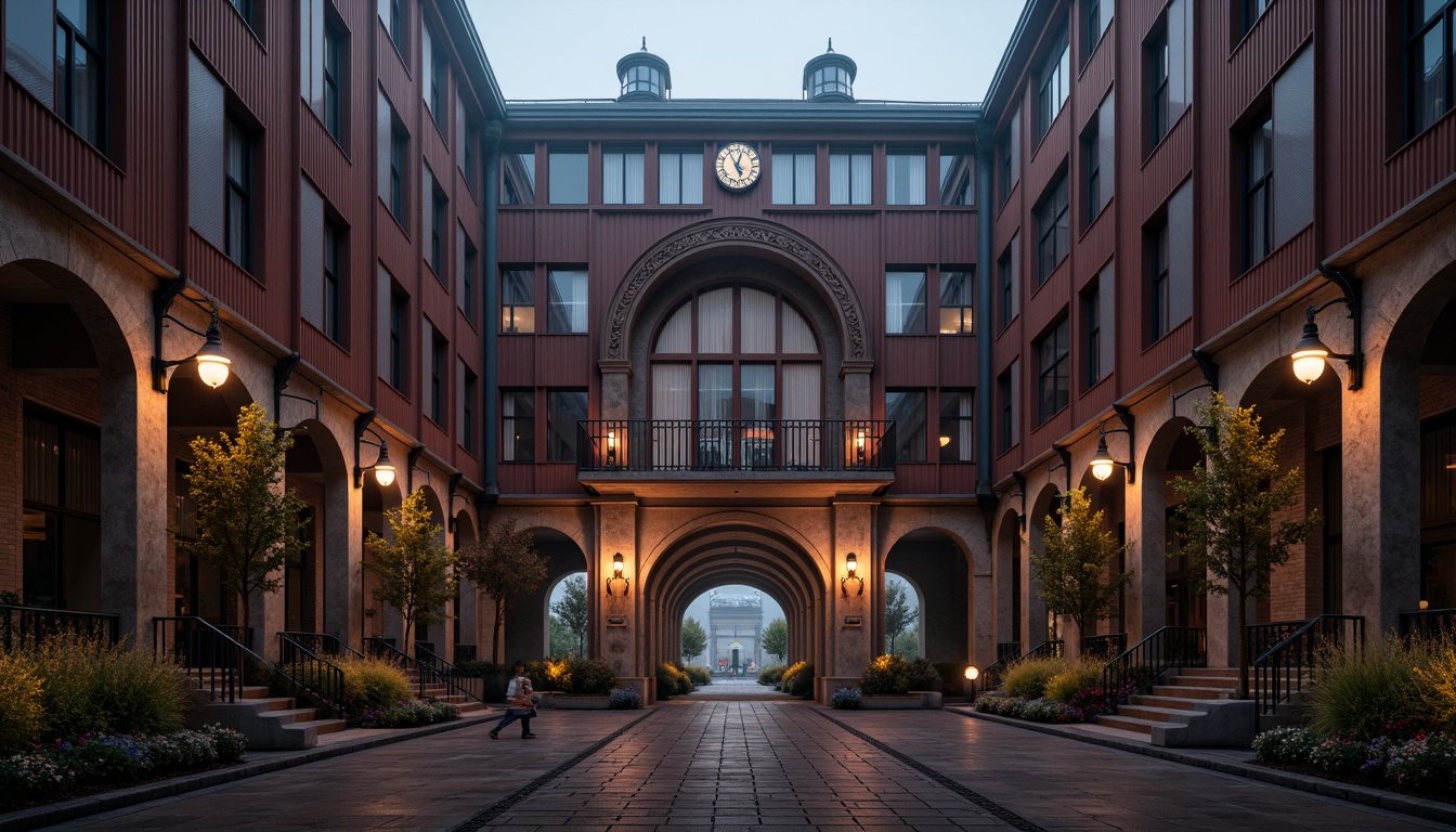 Prompt: Industrial factory building, neoclassical facade, rusted metal cladding, symmetrical composition, grand entrance archways, ornate stone carvings, large clock towers, rectangular windows, industrial-style lanterns, brick-red color scheme, worn concrete textures, dramatic nighttime lighting, low-angle photography, atmospheric mist effects, 1/2 composition, realistic renderings, ambient occlusion.