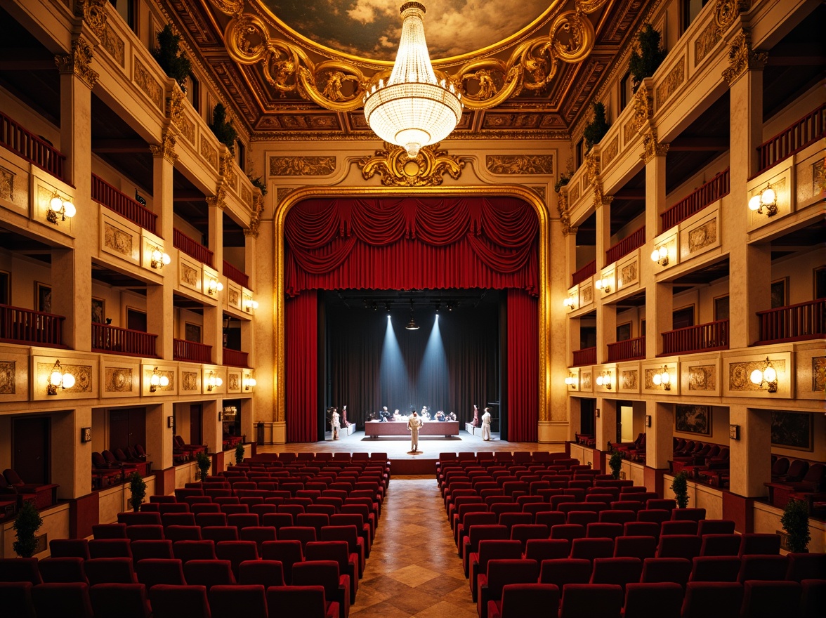 Prompt: Grand opera house, ornate Baroque details, lavish red velvet curtains, gilded golden accents, marble floors, sweeping staircases, crystal chandeliers, intricate fresco ceilings, dramatic spotlights, warm golden lighting, rich wood tones, plush crimson seating, majestic grandeur, symmetrical composition, shallow depth of field, 2/3 aspect ratio, cinematic atmosphere, realistic textures, ambient occlusion.