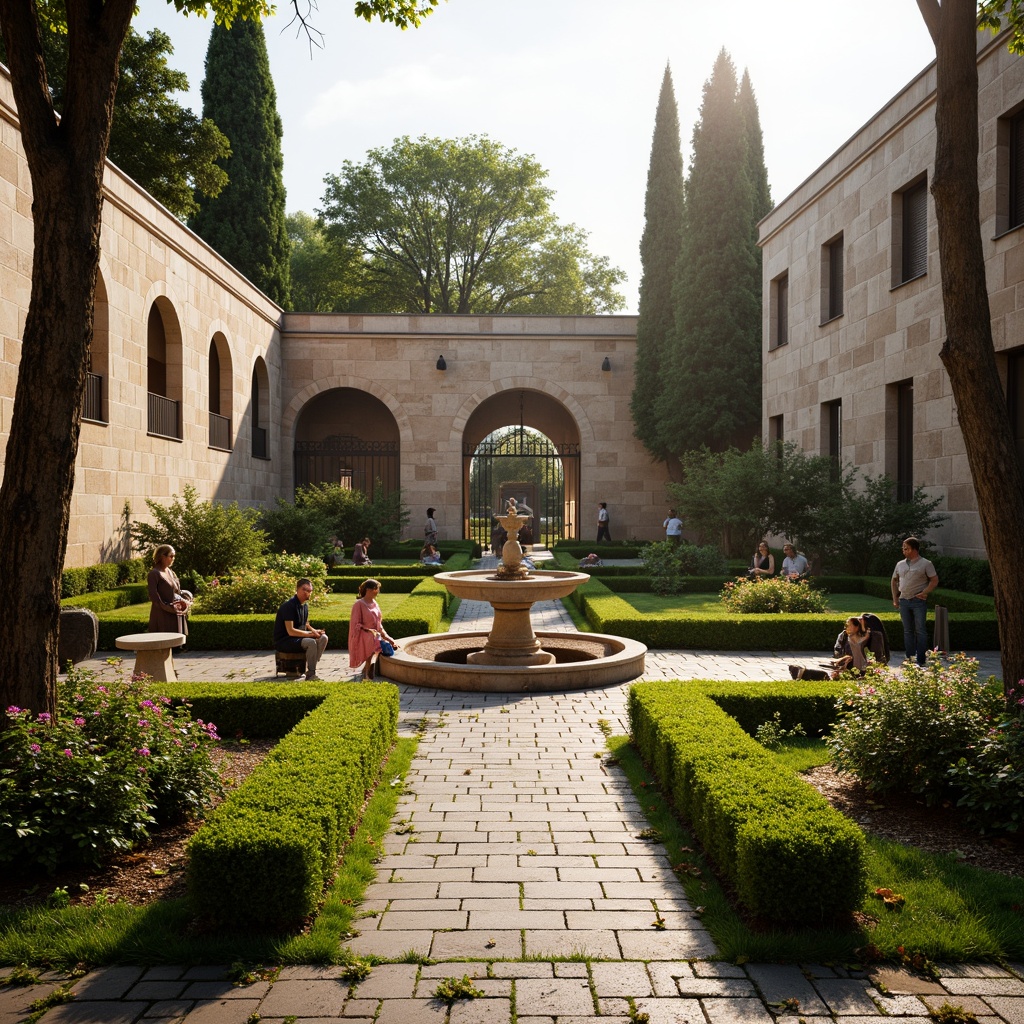 Prompt: Rustic stone walls, manicured hedges, ornate fountains, symmetrical walkways, lush green grass, vibrant flower beds, tall cypress trees, classical statues, intricate iron gates, grand entrance arches, natural stone seating areas, weathered brick pathways, vintage lanterns, warm golden lighting, shallow depth of field, 2/3 composition, harmonious color palette, realistic textures, ambient occlusion.