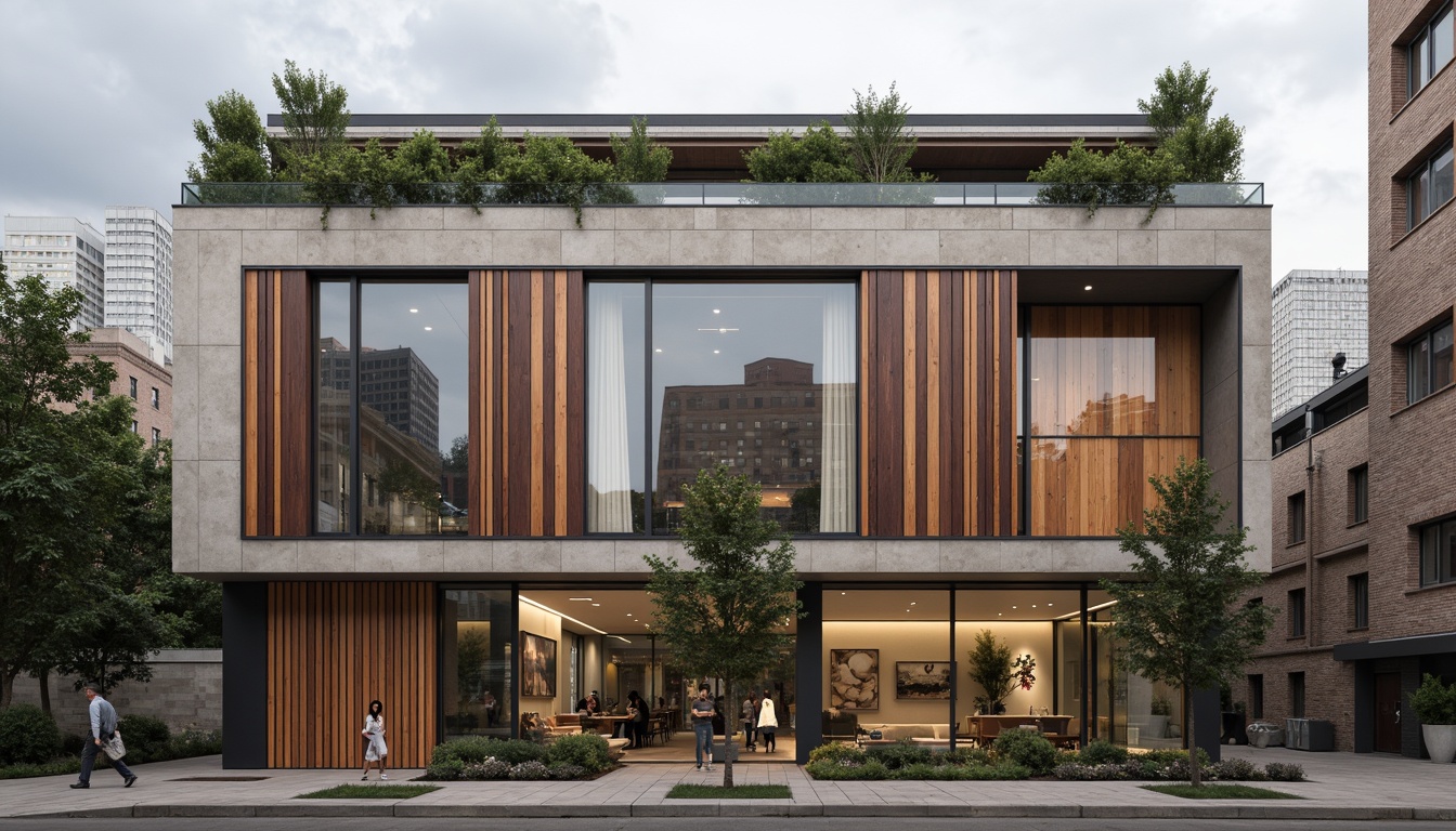 Prompt: Modern building facade, industrial metal cladding, exposed concrete walls, rustic wooden accents, weathered steel panels, earthy tone color scheme, urban cityscape background, overcast sky, soft diffused lighting, shallow depth of field, 1/1 composition, realistic material textures, ambient occlusion.