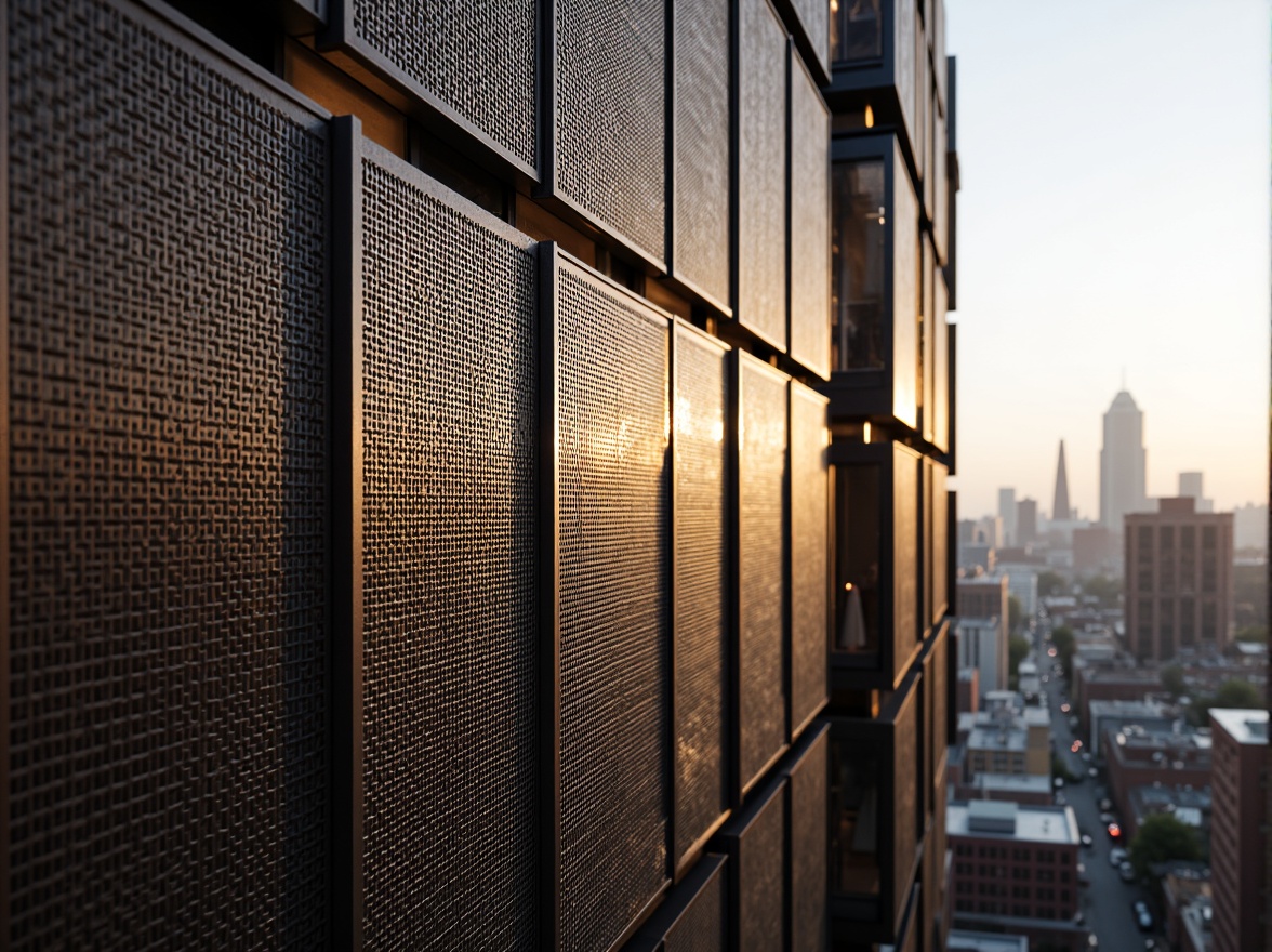 Prompt: Perforated metal fa\u00e7ade, industrial aesthetic, geometric patterns, airy ventilation, natural light diffusion, urban architecture, modern skyscraper, high-rise building, cityscape, bustling metropolis, warm golden lighting, shallow depth of field, 1/1 composition, realistic reflections, ambient occlusion.