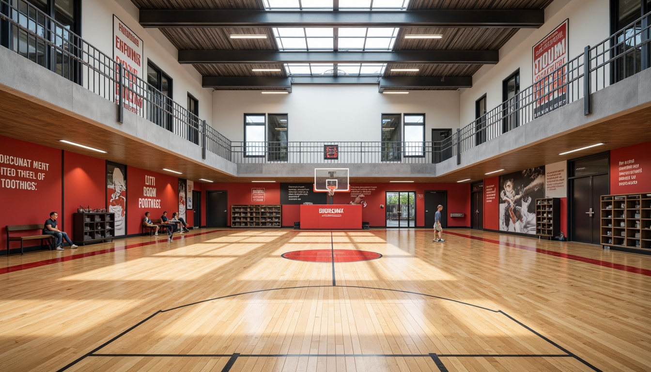 Prompt: Modern gymnasium interior, polished wood flooring, matte metal railings, durable rubber sports surfaces, sound-absorbing acoustic panels, retractable basketball hoops, athletic equipment storage, natural ventilation systems, clerestory windows, abundant daylight, warm color scheme, dynamic LED lighting, high-contrast signage, motivational quotes, fitness-inspired murals, functional shelving units, sturdy lockers, shock-absorbing wall pads.