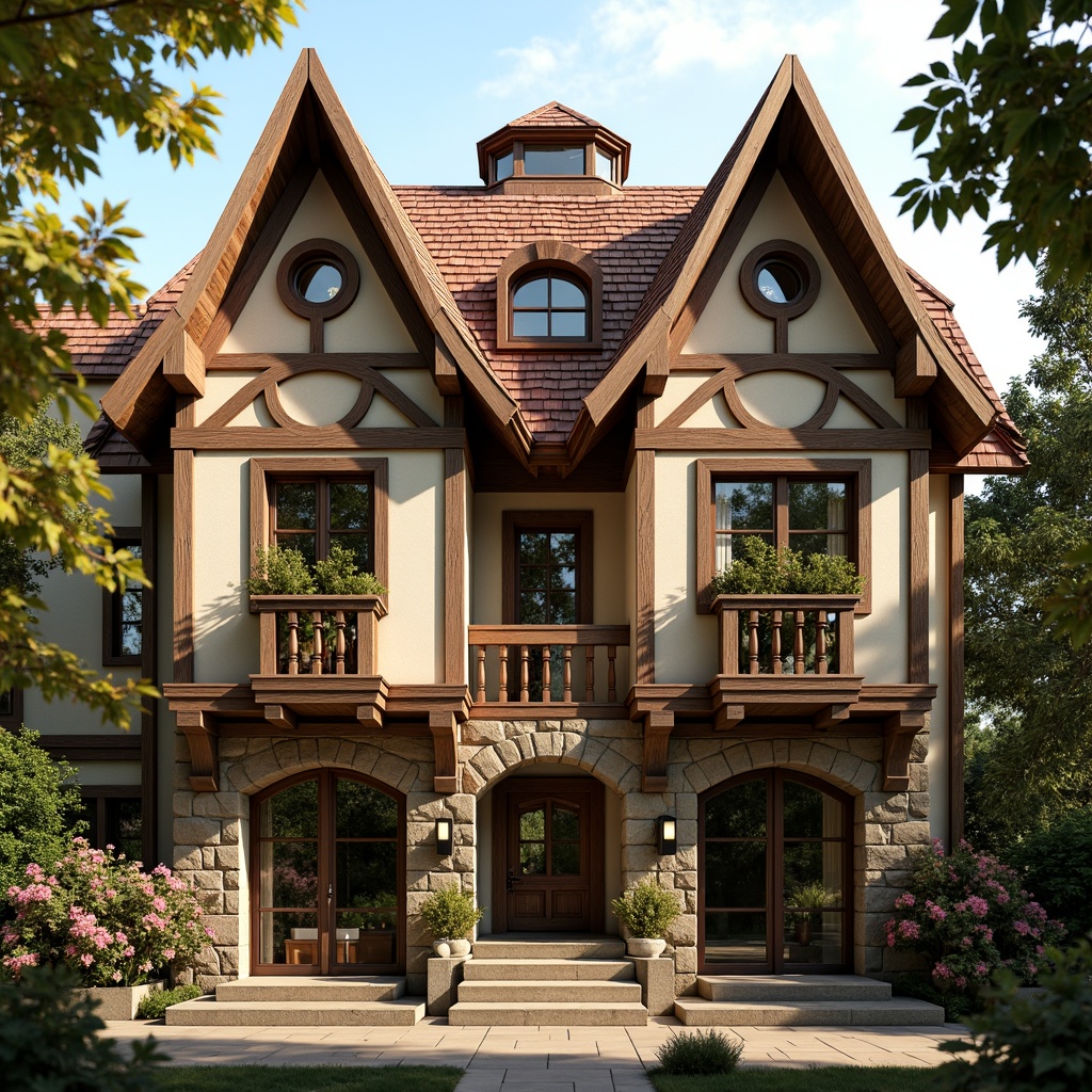 Prompt: Rustic regionalism facade, earthy tone, natural stone cladding, wooden accents, pitched roofs, steeply angled gables, ornate carvings, traditional cultural motifs, intricate stonework, curved archways, vibrant floral patterns, warm golden lighting, soft focus, shallow depth of field, 1/1 composition, symmetrical framing, realistic textures, ambient occlusion.