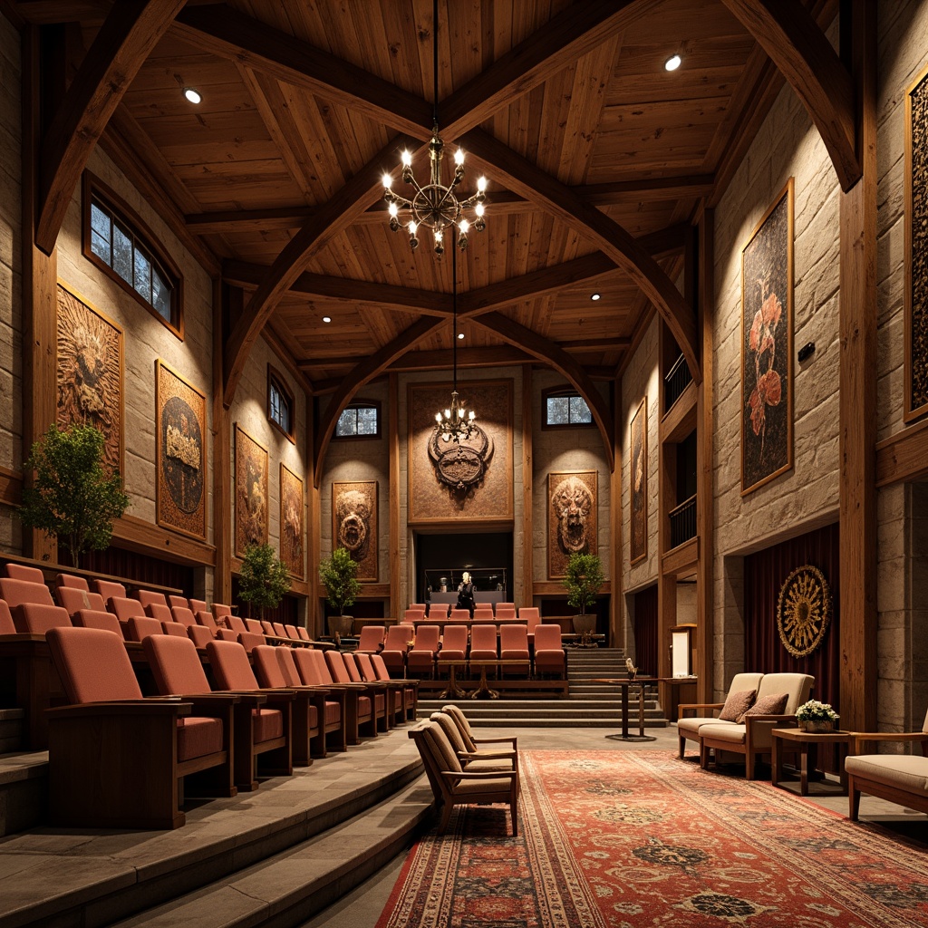 Prompt: Rustic auditorium interior, wooden accents, earthy tones, natural stone walls, woven textiles, regional patterns, traditional cultural motifs, warm ambient lighting, soft shadows, 1/1 composition, shallow depth of field, realistic wood grain textures, ambient occlusion, ornate metal fixtures, intricate carvings, luxurious fabrics, grand chandeliers, sweeping arches, dramatic ceiling heights, ornamental details, earthy scent, cozy atmosphere.