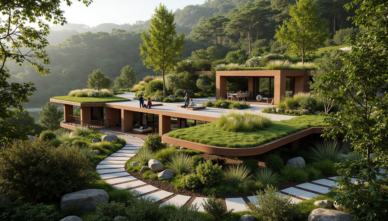 Prompt: Seamless landscape integration, harmonious home design, organic architecture, green roofs, living walls, lush vegetation, native plants, meandering pathways, natural stone paving, wooden decks, cantilevered structures, floor-to-ceiling windows, sliding glass doors, panoramic views, blurred boundaries, soft warm lighting, atmospheric perspective, 1/2 composition, realistic textures, ambient occlusion.