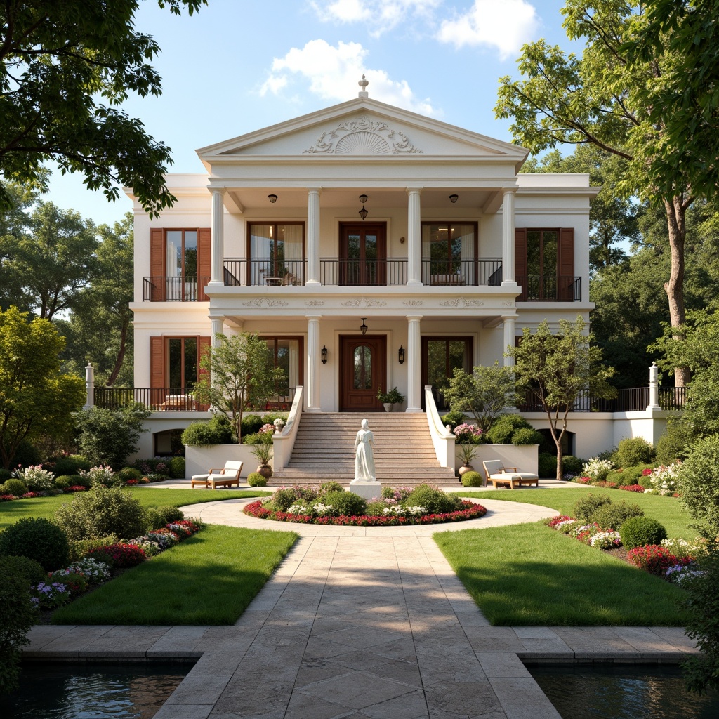 Prompt: Elegant villa, symmetrical fa\u00e7ade, ornate columns, grand entrance, sweeping staircases, lush green lawns, vibrant flowerbeds, meandering walkways, tranquil ponds, majestic trees, classical statues, intricately carved stone walls, rustic wooden fences, soft warm lighting, shallow depth of field, 3/4 composition, panoramic view, realistic textures, ambient occlusion.