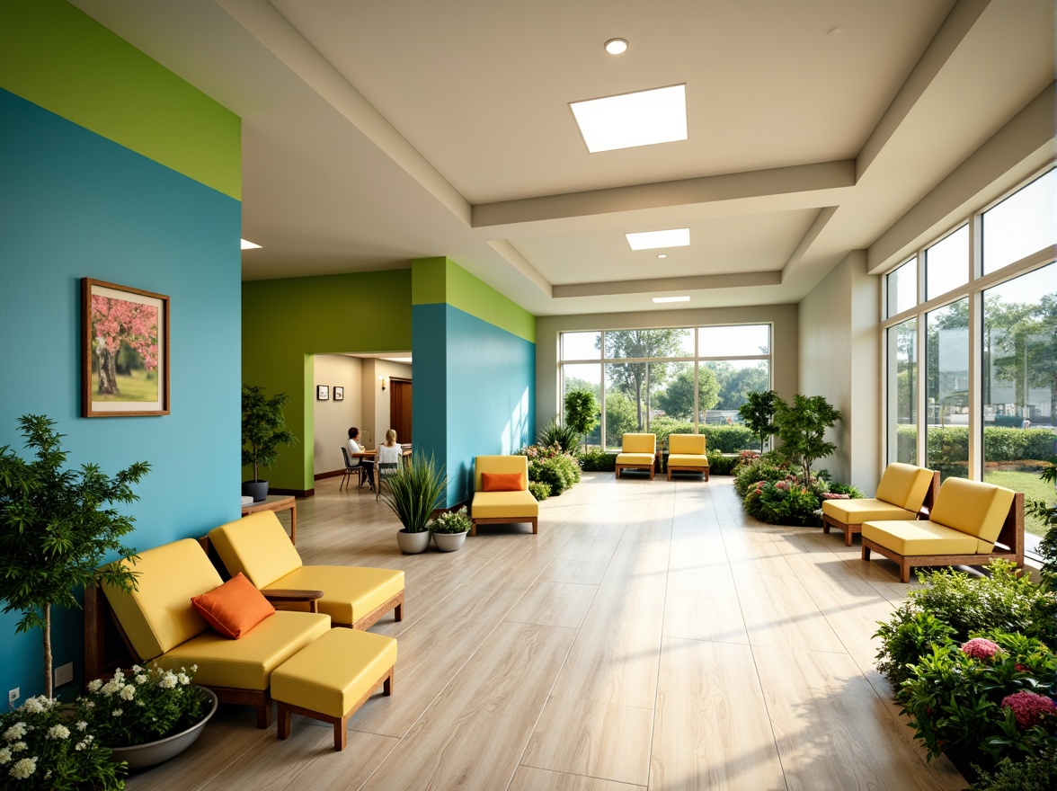 Prompt: Vibrant rehabilitation center, calming green walls, soothing blue accents, warm beige floors, natural wood tones, uplifting yellow furniture, stimulating orange decor, soft pastel colors, gentle lighting, serene ambiance, comfortable seating areas, peaceful outdoor gardens, lush greenery, blooming flowers, modern architecture, large windows, sliding glass doors, abundant natural light, shallow depth of field, 3/4 composition, panoramic view, realistic textures, ambient occlusion.