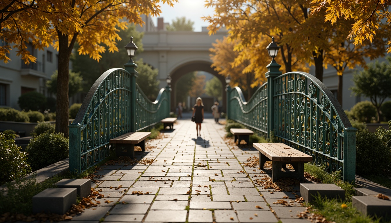 Prompt: Art Nouveau pedestrian bridge, ornate ironwork railings, sinuous organic lines, flowing curves, intricate metal filigree, verdigris patina, rustic stone piers, moss-covered abutments, ornamental lampposts, curved wooden benches, glazed ceramic tile inlays, iridescent glass mosaics, warm golden lighting, soft focus, shallow depth of field, 1/2 composition, atmospheric perspective, vivid colors, high-contrast textures.