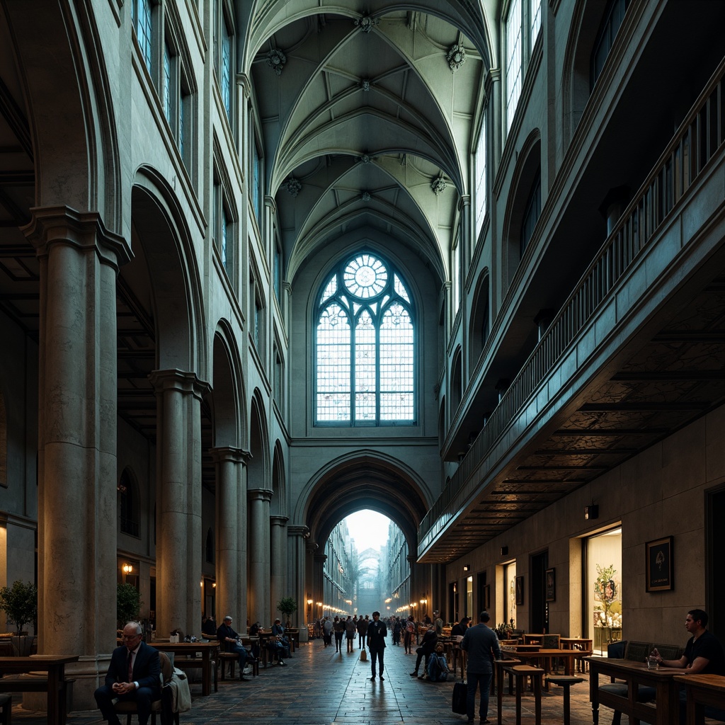 Prompt: Gothic cathedral, intricate stone carvings, stained glass windows, ribbed vaults, pointed arches, ornate metalwork, modern steel structures, sleek industrial materials, oxidized steel fa\u00e7ade, geometric patterns, dramatic lighting effects, mysterious ambiance, foggy atmosphere, 1/1 composition, low-angle shot, cinematic mood, detailed textures, ambient occlusion.