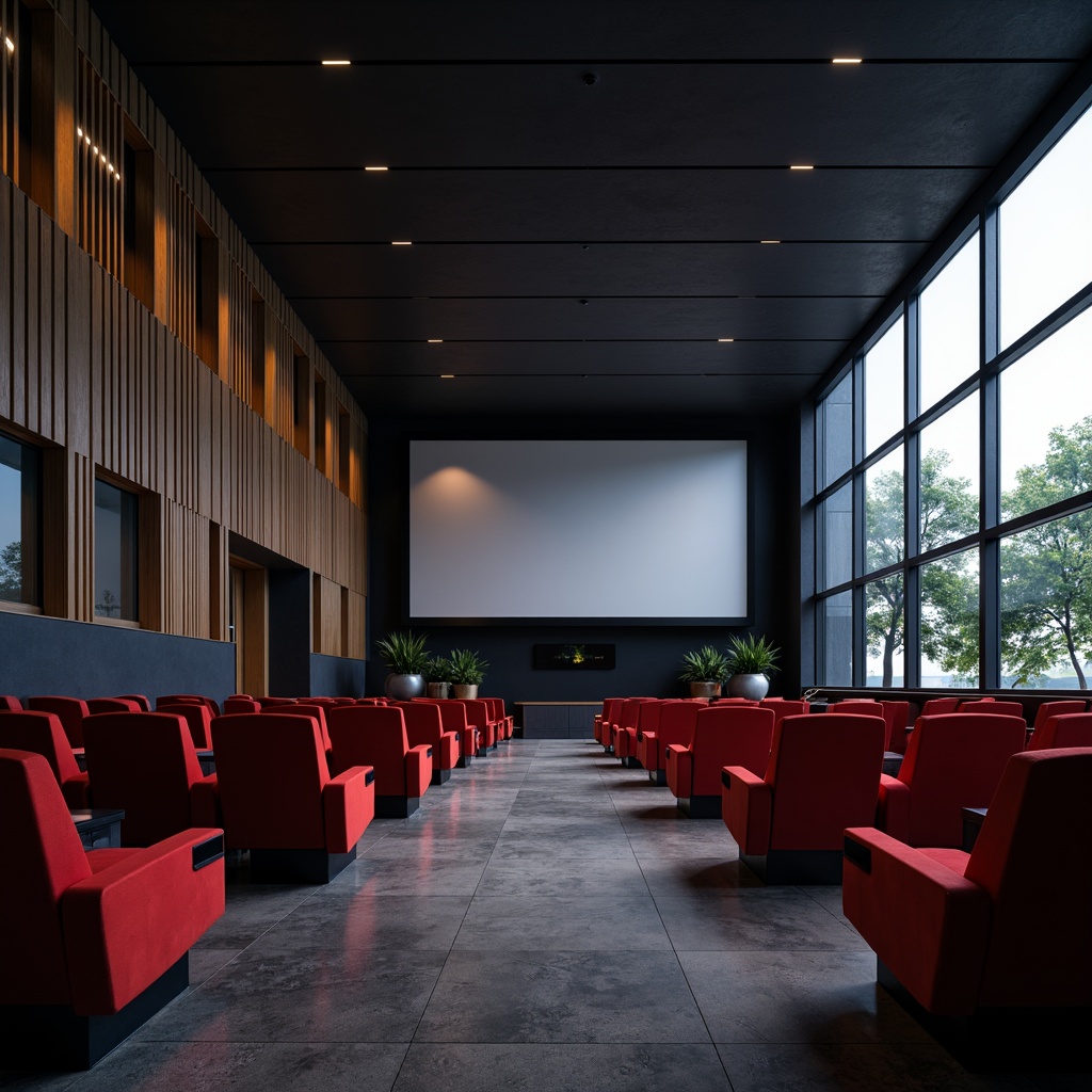 Prompt: Sleek modern cinema building, streamlined facade, metallic accents, floor-to-ceiling windows, polished concrete floors, minimalist decor, plush red velvet seats, silver screen, surround sound systems, tiered seating arrangement, atmospheric lighting, soft warm glow, shallow depth of field, 2/3 composition, realistic textures, ambient occlusion.