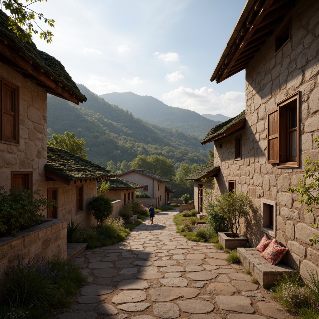 Prompt: Rustic rural landscape, rolling hills, traditional village setting, earthy tones, natural materials, wooden beams, stone walls, curved lines, organic shapes, green roofs, overhanging eaves, wooden shutters, colorful textiles, intricate carvings, ambient lighting, warm cozy atmosphere, 1/1 composition, shallow depth of field, soft focus, realistic textures.