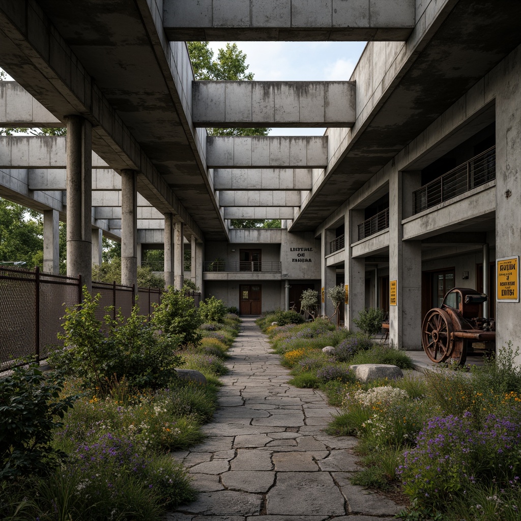 Prompt: Rugged terrain, brutalist concrete structures, industrial pipes, exposed ductwork, harsh steel beams, raw unfinished wood, distressed metal accents, overgrown wildflowers, cracked stone pathways, abandoned machinery, weathered signage, rusty chain-link fences, foreboding lighting, low-angle dramatic composition, cinematic depth of field, gritty realistic textures.