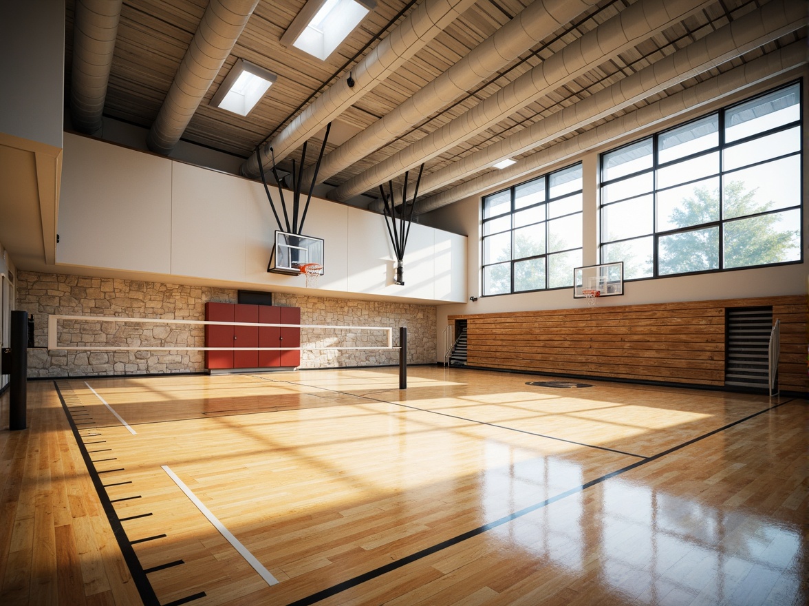 Prompt: Modern gymnasium interior, high ceilings, exposed ductwork, polished wooden floors, athletic equipment, basketball hoops, volleyball nets, bleacher seating, natural stone walls, large windows, clerestory windows, skylights, diffused soft lighting, warm color temperatures, 1/1 composition, shallow depth of field, realistic textures, ambient occlusion.