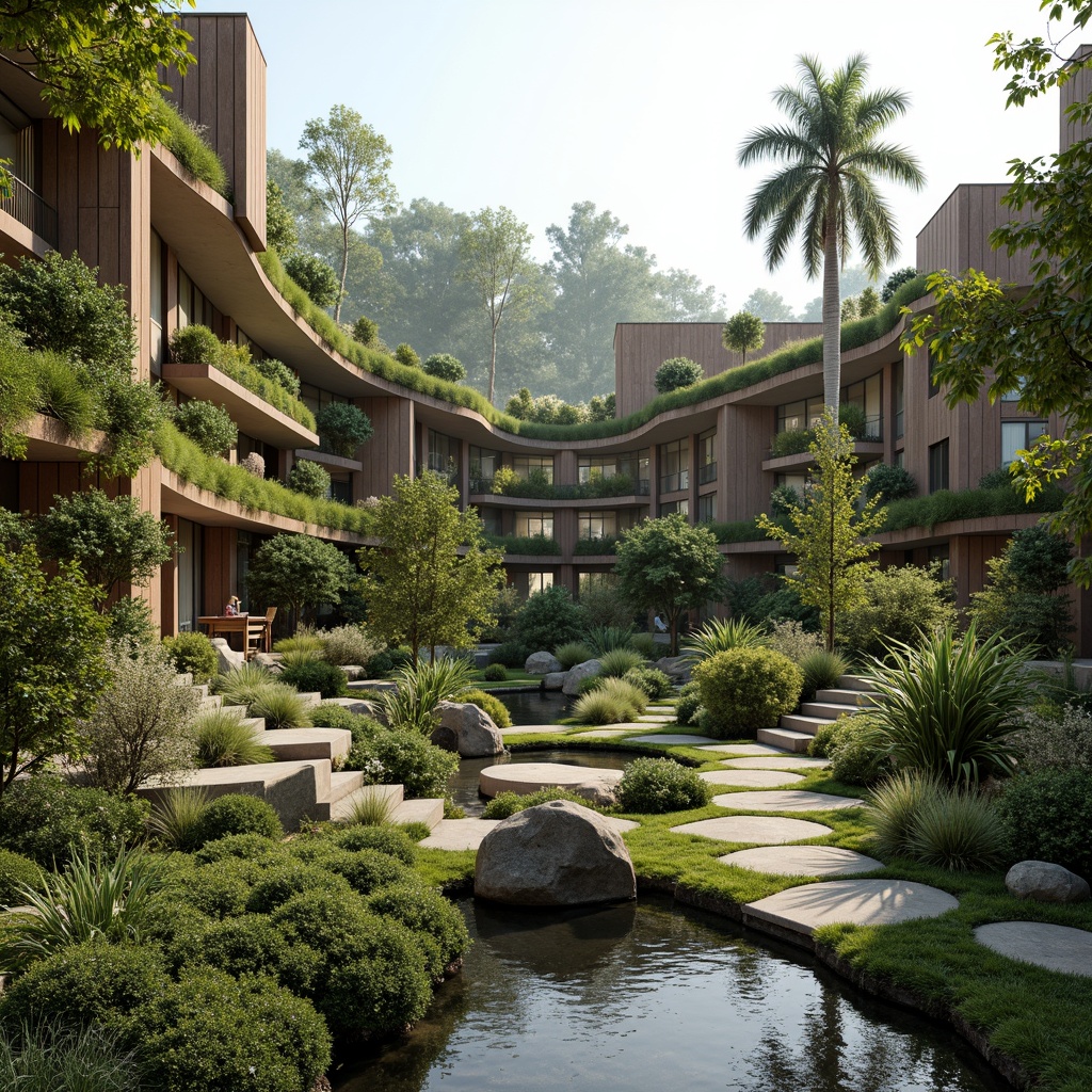 Prompt: Harmonious landscape integration, lush green roofs, living walls, native plant species, winding water features, natural stone pathways, organic architecture, curved lines, earthy tones, sustainable design, eco-friendly materials, minimalist aesthetic, seamless transitions, blurred boundaries, panoramic views, warm soft lighting, shallow depth of field, 3/4 composition, realistic textures, ambient occlusion.