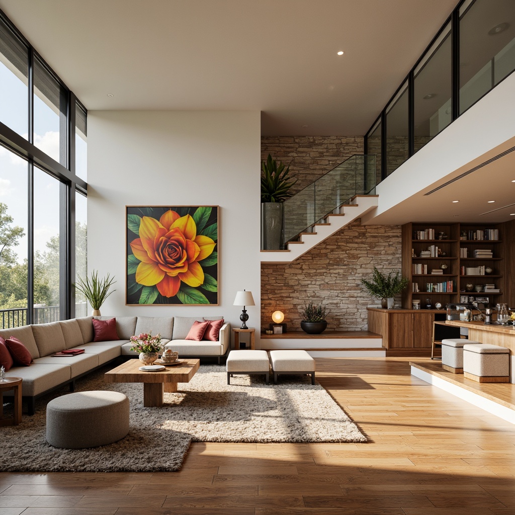 Prompt: Modern living room, spacious open-plan layout, sleek minimalist furniture, polished hardwood floors, soft warm lighting, floor-to-ceiling windows, natural stone feature walls, cozy reading nooks, plush area rugs, vibrant colorful artwork, eclectic decorative accents, built-in shelving units, clever storage solutions, ergonomic seating arrangements, calm soothing color palette, 1/1 composition, realistic textures, ambient occlusion.