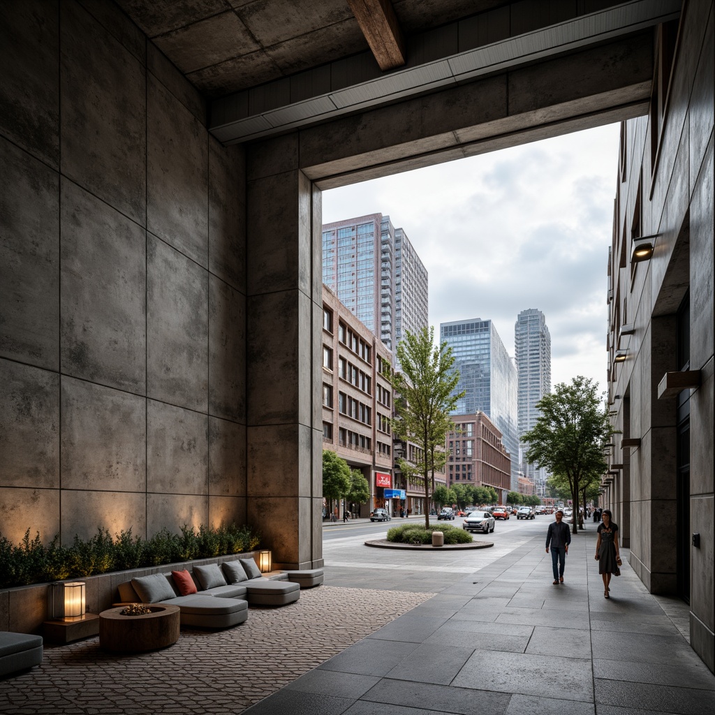 Prompt: Rough-hewn concrete walls, exposed ductwork, industrial metal beams, distressed wood accents, brutalist fa\u00e7ade, geometric patterned tiles, rugged stone flooring, raw steel columns, minimalist decorative elements, urban cityscape, busy streets, modern skyscrapers, cloudy gray sky, dramatic high-contrast lighting, deep shadows, 2/3 composition, realistic textures, ambient occlusion.