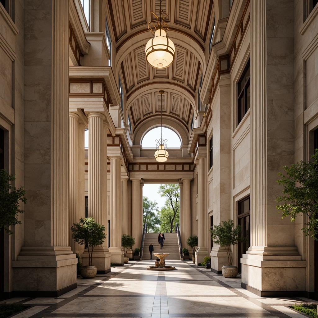 Prompt: Neoclassical bank building, grand entrance, ornate columns, vaulted ceilings, marble floors, symmetrical facade, rusticated base, classical pediment, Corinthian capitals, intricate moldings, decorative cornices, imposing stone walls, monumental staircase, elegant chandeliers, formal courtyard, serene fountain, lush greenery, natural light, soft warm illumination, shallow depth of field, 3/4 composition, realistic textures, ambient occlusion.