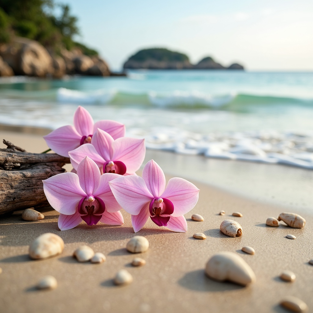 Prompt: Soft pink orchids, delicate petals, creamy whites, pastel blues, warm sandy beaches, shells, driftwood, ocean breeze, gentle waves, serene atmosphere, natural textures, organic forms, whimsical patterns, subtle gradients, warm golden light, shallow depth of field, 1/1 composition, intimate view, realistic renderings, ambient occlusion.