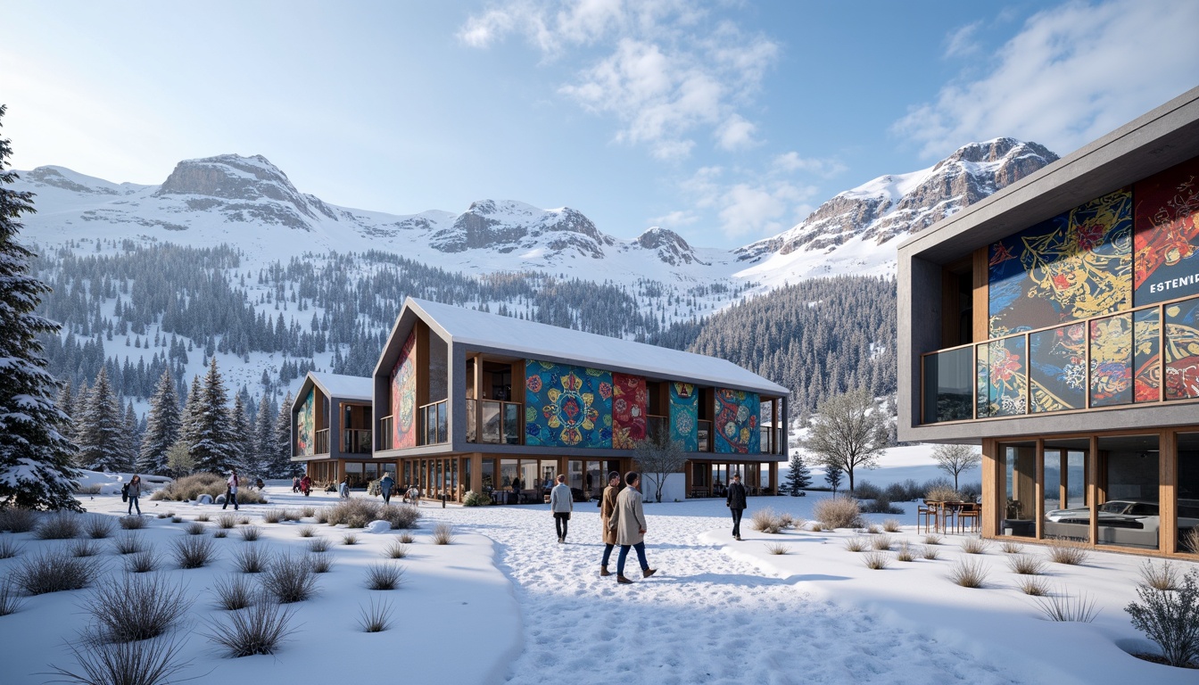 Prompt: Snow-capped mountains, frosty winter scene, modern ski center housing, innovative facade design, angular lines, metallic materials, reflective glass surfaces, sleek minimalist architecture, energy-efficient systems, solar panels, wind turbines, snowflake-inspired patterns, vibrant colorful textiles, intricate geometric motifs, wooden accents, cozy interior lighting, warm ambiance, shallow depth of field, 3/4 composition, panoramic view, realistic textures, ambient occlusion.