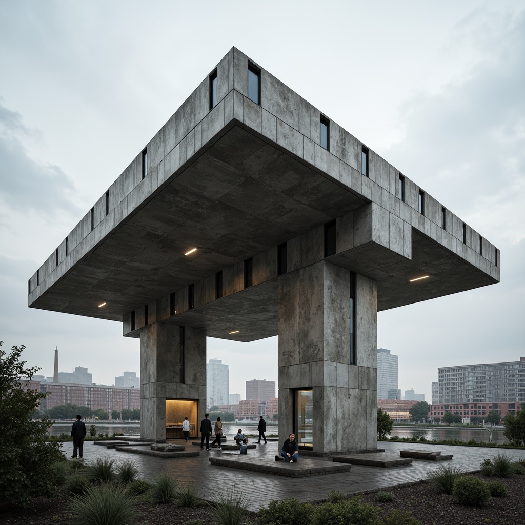 Prompt: Rugged pavilion structure, exposed concrete formwork, brutalist architecture, dramatic cantilevered roofs, raw unfinished surfaces, industrial materials, metallic accents, bold geometric shapes, monumental scale, urban cityscape background, overcast sky with soft diffused light, low-key ambient occlusion, cinematic 3/4 composition, realistic weathered textures, atmospheric misting effects.