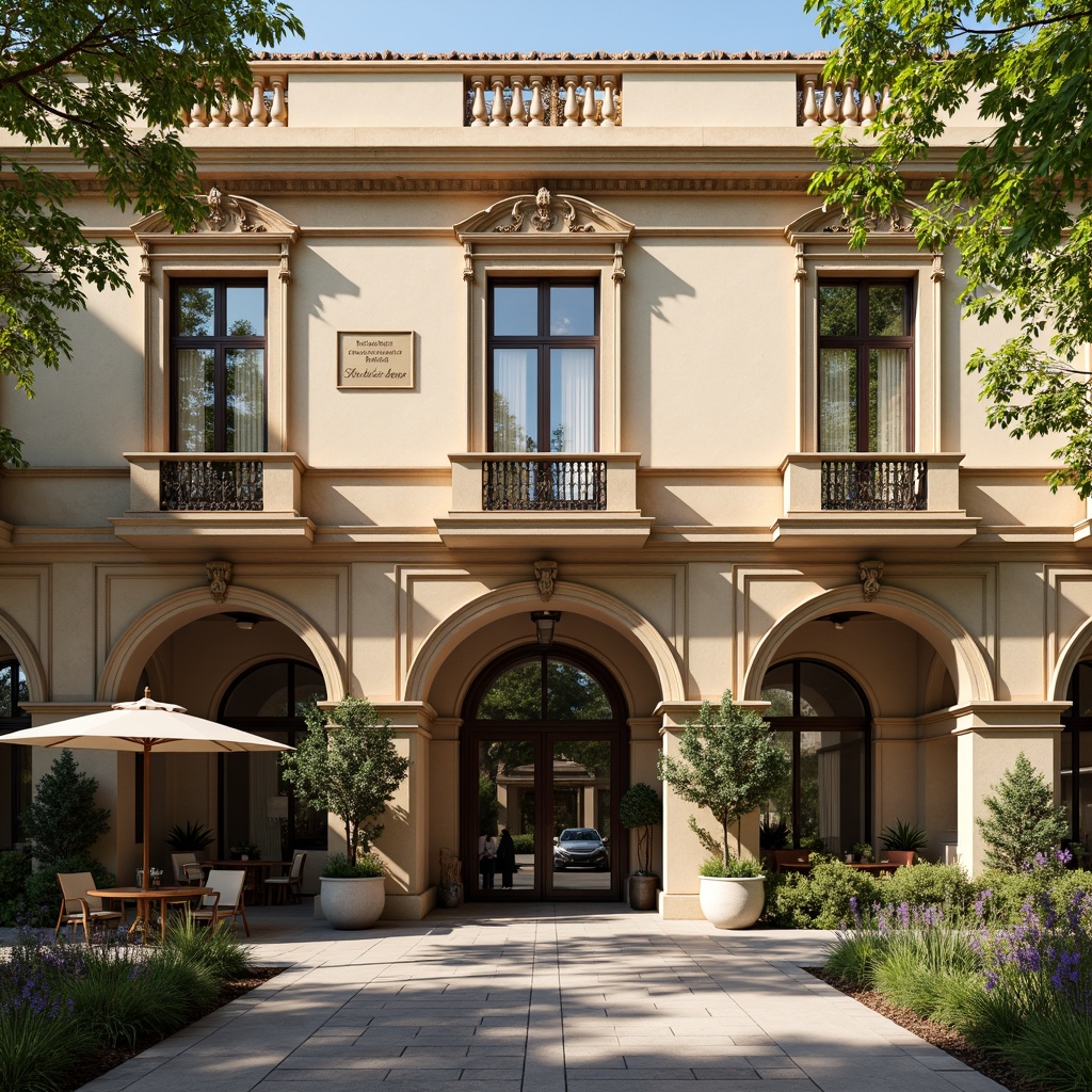 Prompt: Ornate dental clinic facade, classical Renaissance-inspired architecture, symmetrical composition, grand entrance, arched windows, ornamental columns, carved stone details, warm beige stonework, elegant cornices, refined moldings, subtle rustication, sophisticated color palette, soft natural light, shallow depth of field, 2/3 composition, inviting outdoor seating area, lush greenery, flowering plants, calm atmosphere, warm afternoon sunlight, realistic textures, ambient occlusion.