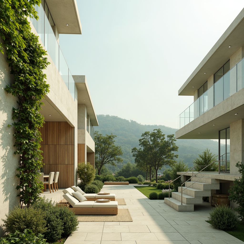 Prompt: Soft celadon hues, calming atmosphere, serene natural surroundings, gentle rolling hills, minimalist modern architecture, sleek glass facades, subtle cream accents, weathered wood textures, delicate ceramic tiles, warm beige stone walls, lush greenery, vines crawling up buildings, soft diffused lighting, shallow depth of field, 1/1 composition, realistic renderings, ambient occlusion.